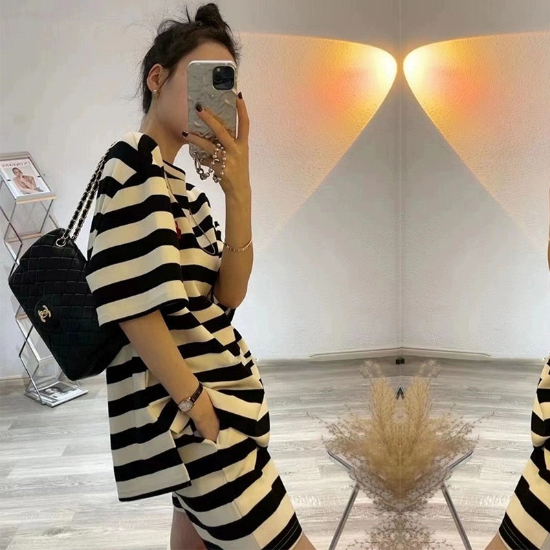 2024 new summer women's round neck striped short-sleeved casual sports suit for women summer two-piece set