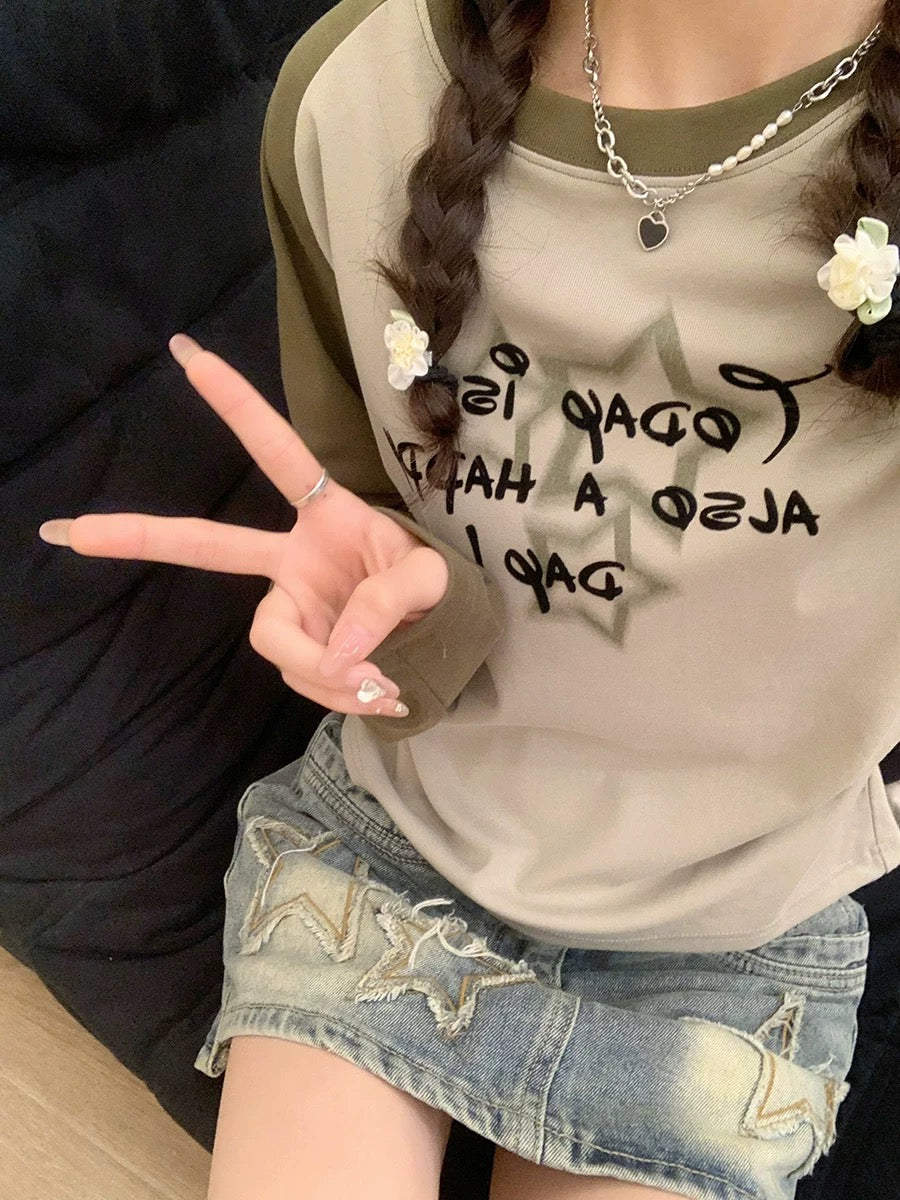 Cream Universe Star Letter Green Raglan Long Sleeve T-shirt Women's College Style Bottoming Top New Style