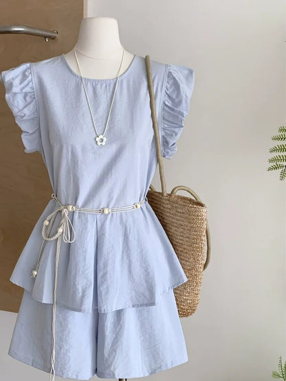 French Hepburn style temperament design waist tie short-sleeved top elastic waist shorts age-reducing fashion suit for women