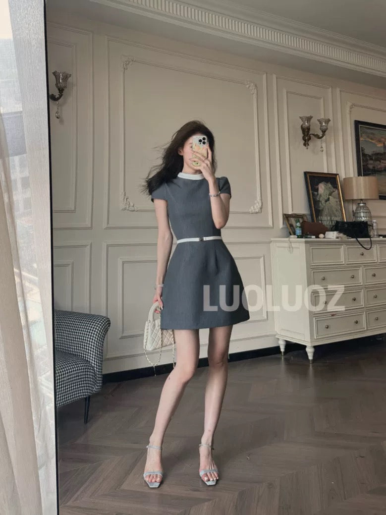 LUOLUOZ [Grey Galaxy] High-End Elegant Summer Short Waist-Slimming Dress CC170