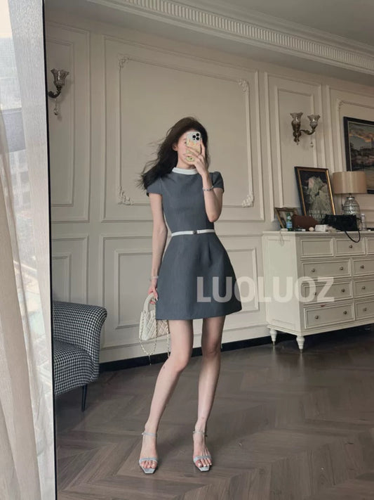 LUOLUOZ [Grey Galaxy] High-End Elegant Summer Short Waist-Slimming Dress CC170
