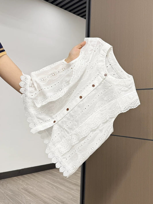 Xia Zhen Korean Style Chic Lace Embroidery Round Neck Short Sleeve Women's 2025 Summer Loose Single-Breasted Top