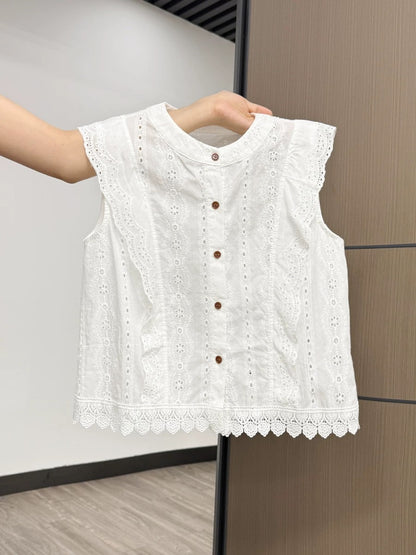 Xia Zhen Korean Style Chic Lace Embroidery Round Neck Short Sleeve Women's 2025 Summer Loose Single-Breasted Top