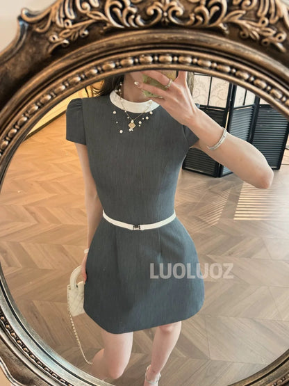 LUOLUOZ [Grey Galaxy] High-End Elegant Summer Short Waist-Slimming Dress CC170
