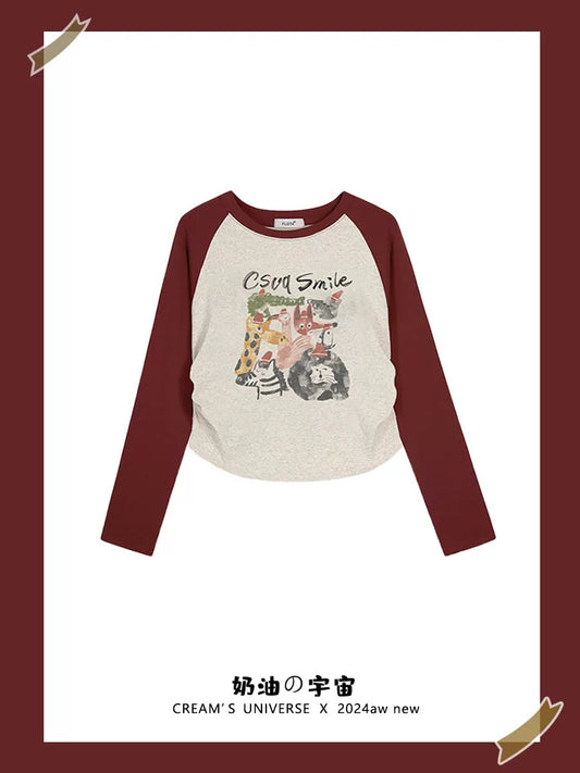 Cream Universe Retro Illustration Cartoon Wine Red Raglan Long Sleeve T-shirt Women's White Slim Top Spring and Autumn New Style