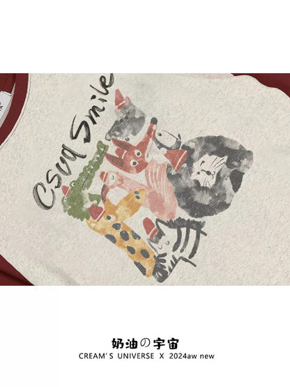 Cream Universe Retro Illustration Cartoon Wine Red Raglan Long Sleeve T-shirt Women's White Slim Top Spring and Autumn New Style