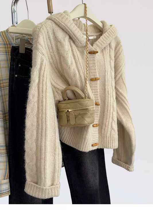 Twisted Hooded Horn Button Raccoon Fleece Short Sweater Jacket Women's Autumn and Winter Lazy Style Soft Glutinous Wool Knitted Cardigan