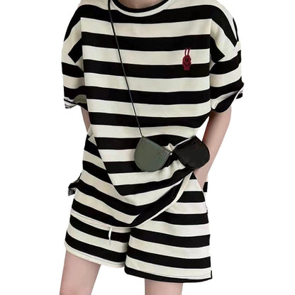 2024 new summer women's round neck striped short-sleeved casual sports suit for women summer two-piece set