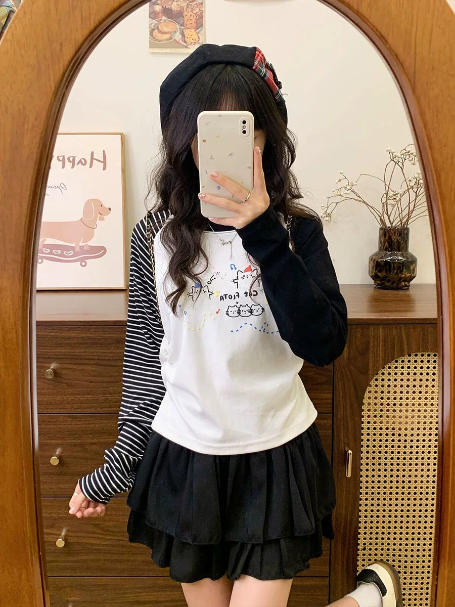 Cream Universe Cute Foamed Cartoon Raglan Long Sleeve T-shirt Women's College Style Chic Bottoming Shirt New Style
