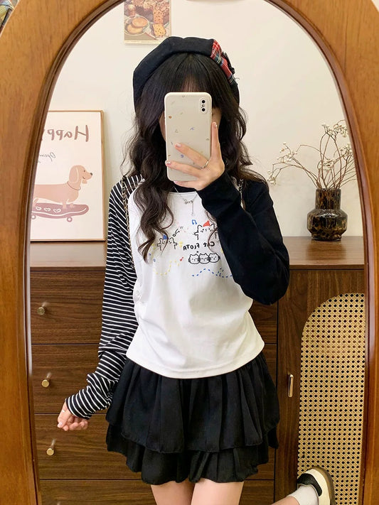 Cream Universe Cute Foamed Cartoon Raglan Long Sleeve T-shirt Women's College Style Chic Bottoming Shirt New Style