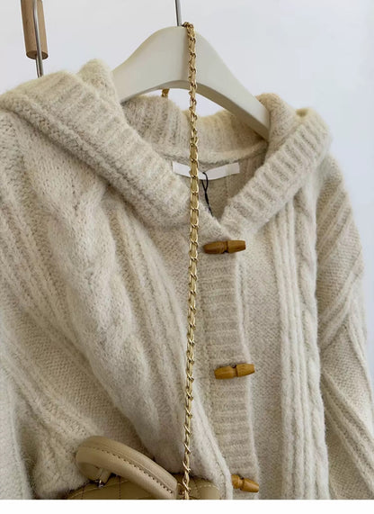 Twisted Hooded Horn Button Raccoon Fleece Short Sweater Jacket Women's Autumn and Winter Lazy Style Soft Glutinous Wool Knitted Cardigan
