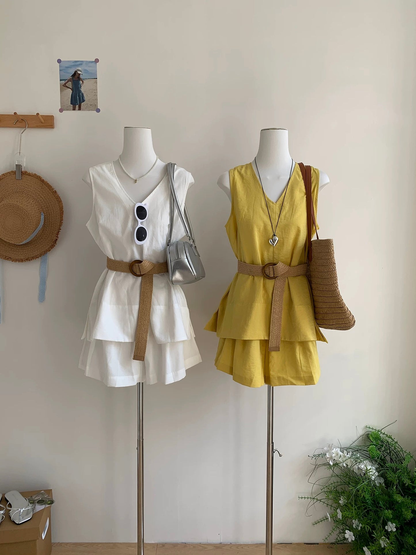 French temperament relaxation simple V-neck sleeveless vest top casual versatile wide-leg shorts fashion suit summer