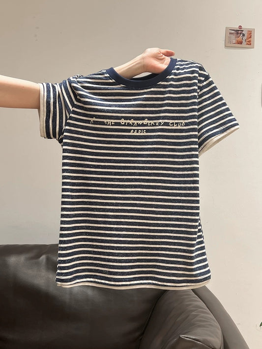 Xia Zhen Retro Striped Color Block Short-Sleeve T-Shirt Women's 2025 Summer New Round Neck Letter Print High-End Top