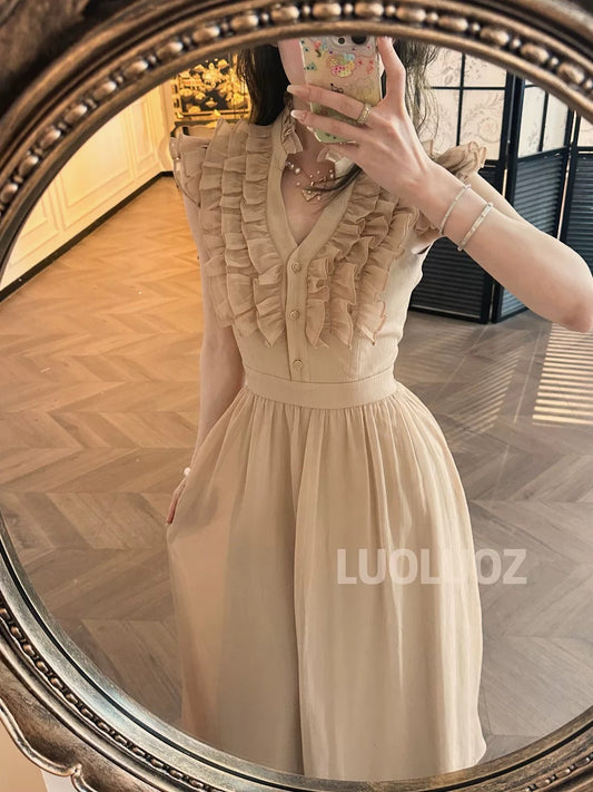 LUOLUOZ【Japanese Breeze Letter】Exquisite Long Dress with High-End Lace Design JF812
