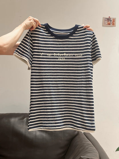 Xia Zhen Retro Striped Color Block Short-Sleeve T-Shirt Women's 2025 Summer New Round Neck Letter Print High-End Top