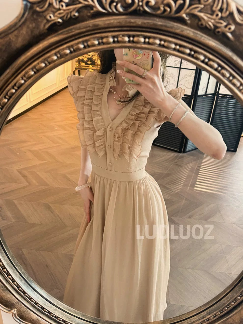 LUOLUOZ【Japanese Breeze Letter】Exquisite Long Dress with High-End Lace Design JF812