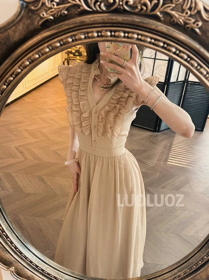 LUOLUOZ【Japanese Breeze Letter】Exquisite Long Dress with High-End Lace Design JF812