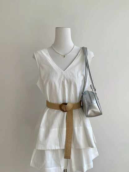 French temperament relaxation simple V-neck sleeveless vest top casual versatile wide-leg shorts fashion suit summer