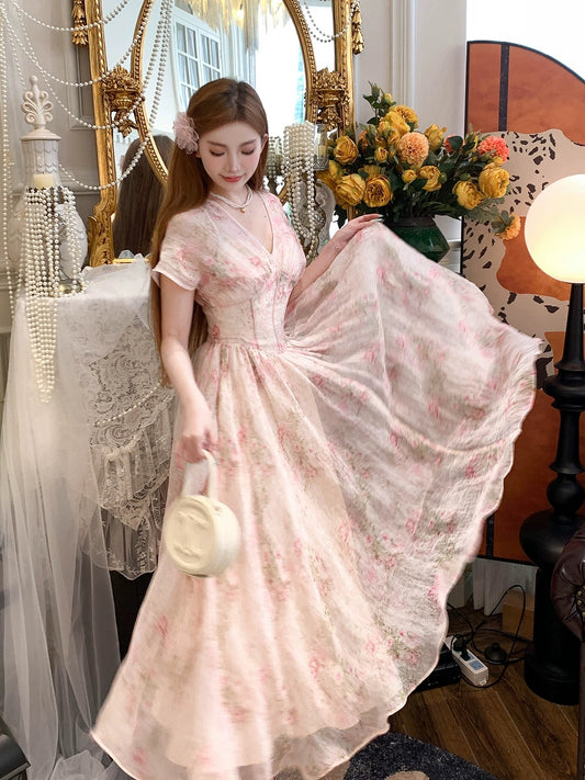 Bingbing is here丨[Artistic Garden] Temperament V-neck floral dress niche design short-sleeved long skirt