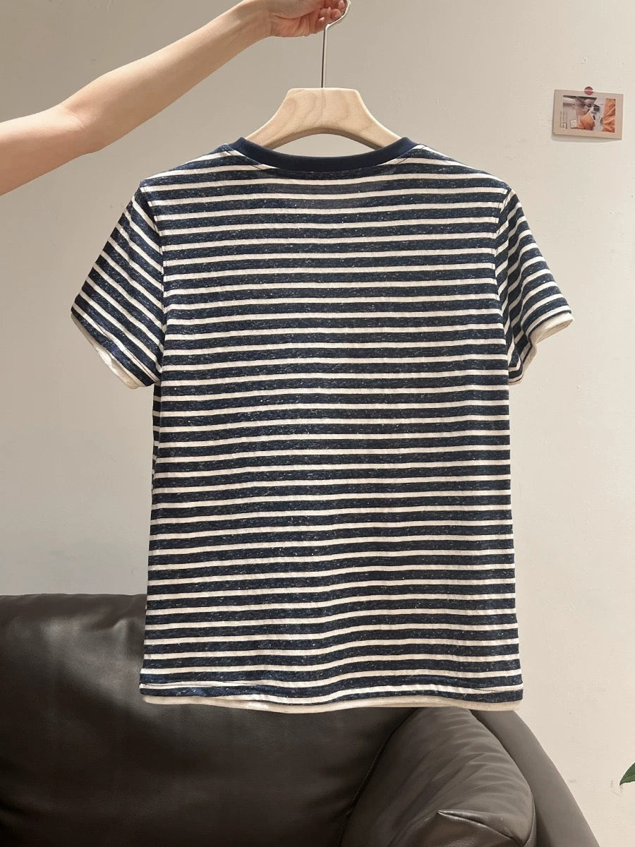 Xia Zhen Retro Striped Color Block Short-Sleeve T-Shirt Women's 2025 Summer New Round Neck Letter Print High-End Top