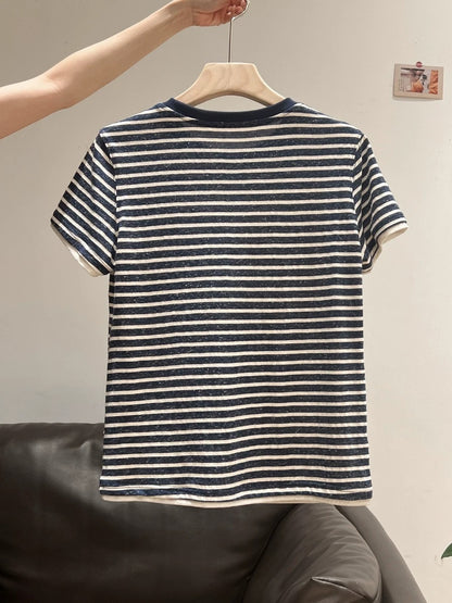 Xia Zhen Retro Striped Color Block Short-Sleeve T-Shirt Women's 2025 Summer New Round Neck Letter Print High-End Top