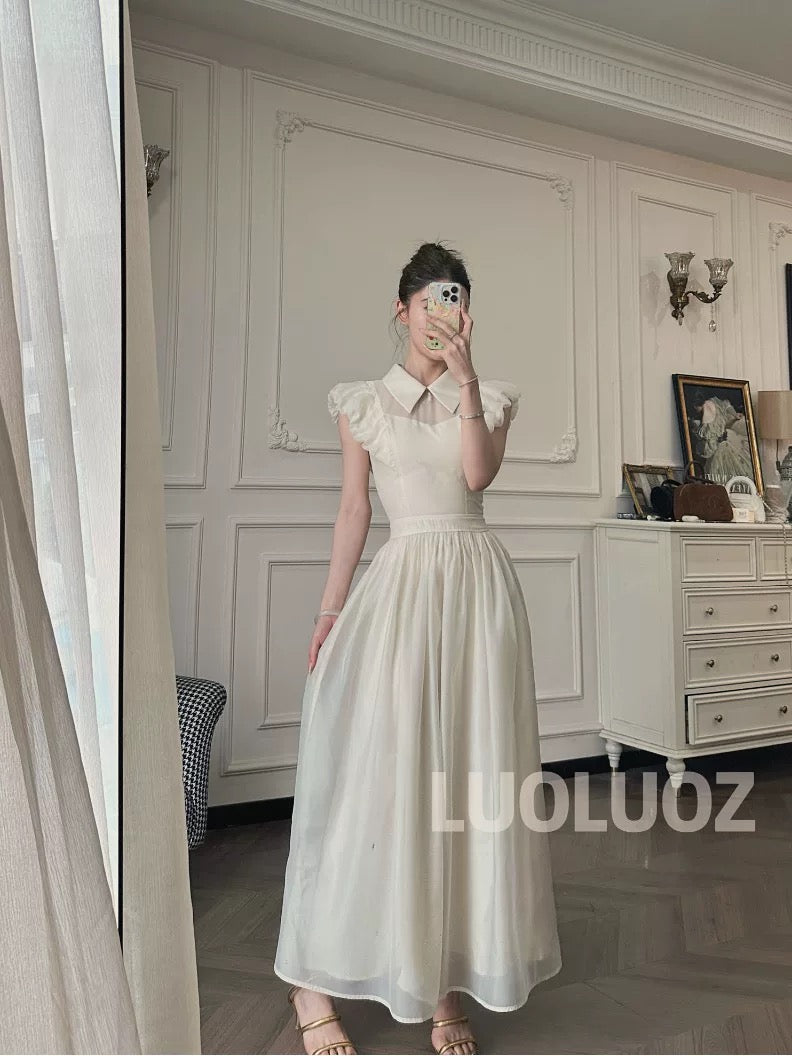 LUOLUOZ【Summer Breeze Together】Elegant Polo Collar Mesh Fashionable Flutter Sleeve Long Dress JF806