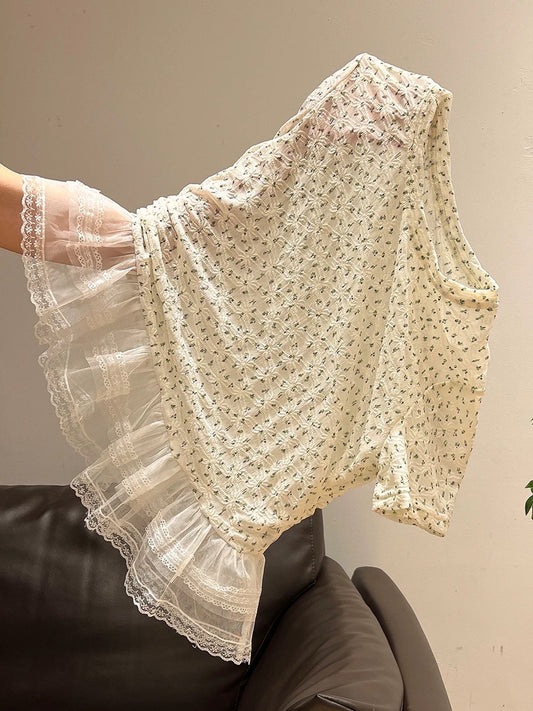 French ballet style lace trim hem slim fit short-sleeved T-shirt for women, 2025 summer chic floral print top.