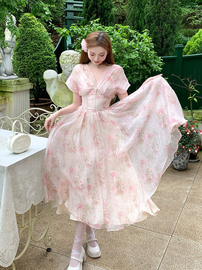 Bingbing is here丨[Artistic Garden] Temperament V-neck floral dress niche design short-sleeved long skirt