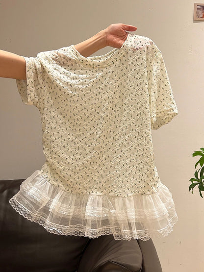 French ballet style lace trim hem slim fit short-sleeved T-shirt for women, 2025 summer chic floral print top.