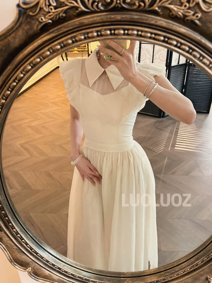 LUOLUOZ【Summer Breeze Together】Elegant Polo Collar Mesh Fashionable Flutter Sleeve Long Dress JF806