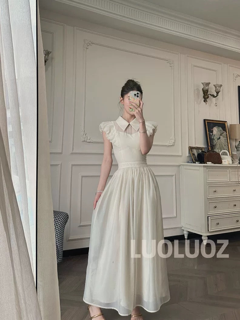 LUOLUOZ【Summer Breeze Together】Elegant Polo Collar Mesh Fashionable Flutter Sleeve Long Dress JF806