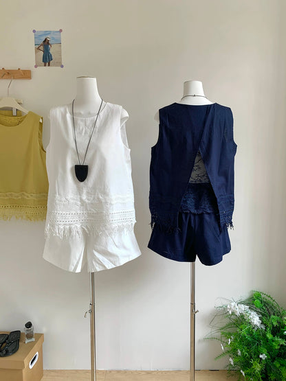 Korean style heavy embroidery lace tassel stitching lace sleeveless top high waist slim all-match shorts fashion suit