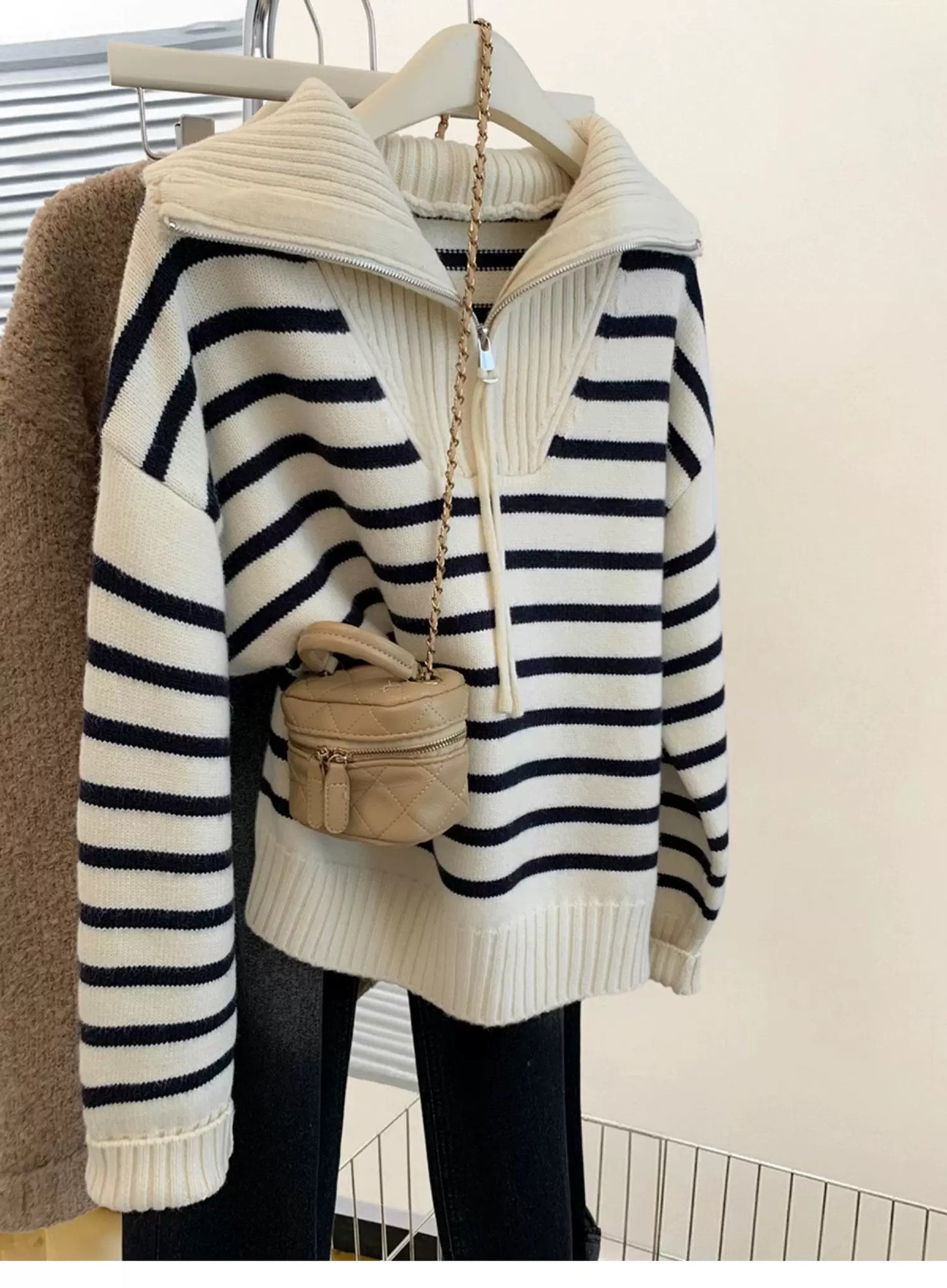Striped raccoon velvet navy collar half zip knitted sweater women autumn and winter 2025 new lapel thickened top winter