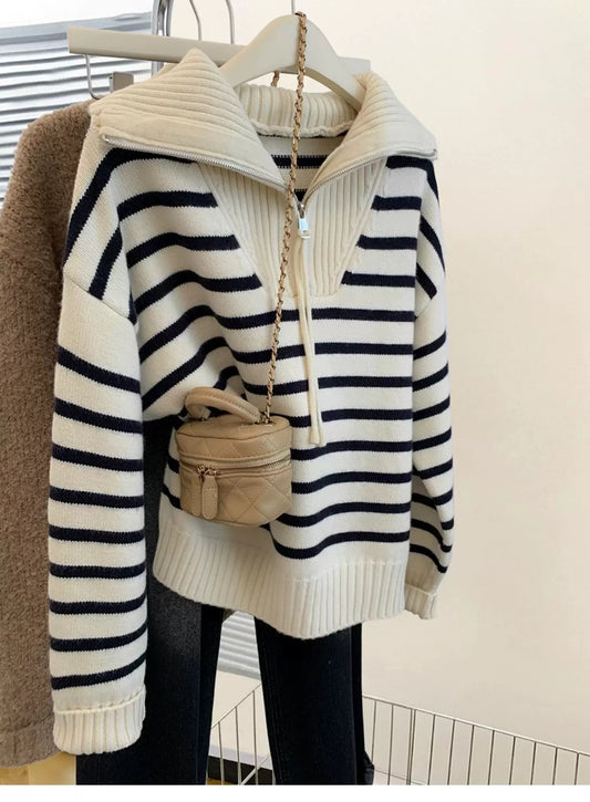 Striped raccoon velvet navy collar half zip knitted sweater women autumn and winter 2025 new lapel thickened top winter