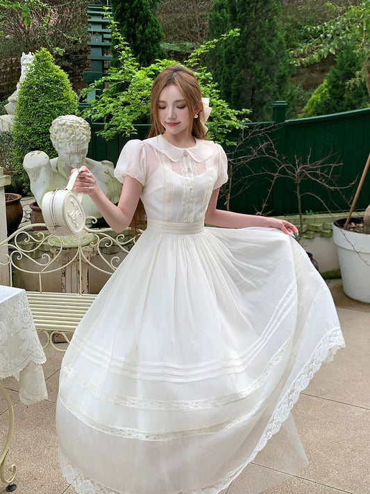 Bingbing is here丨【Good Student】Simple and luxurious puff-sleeve dress A-line high-waisted long skirt