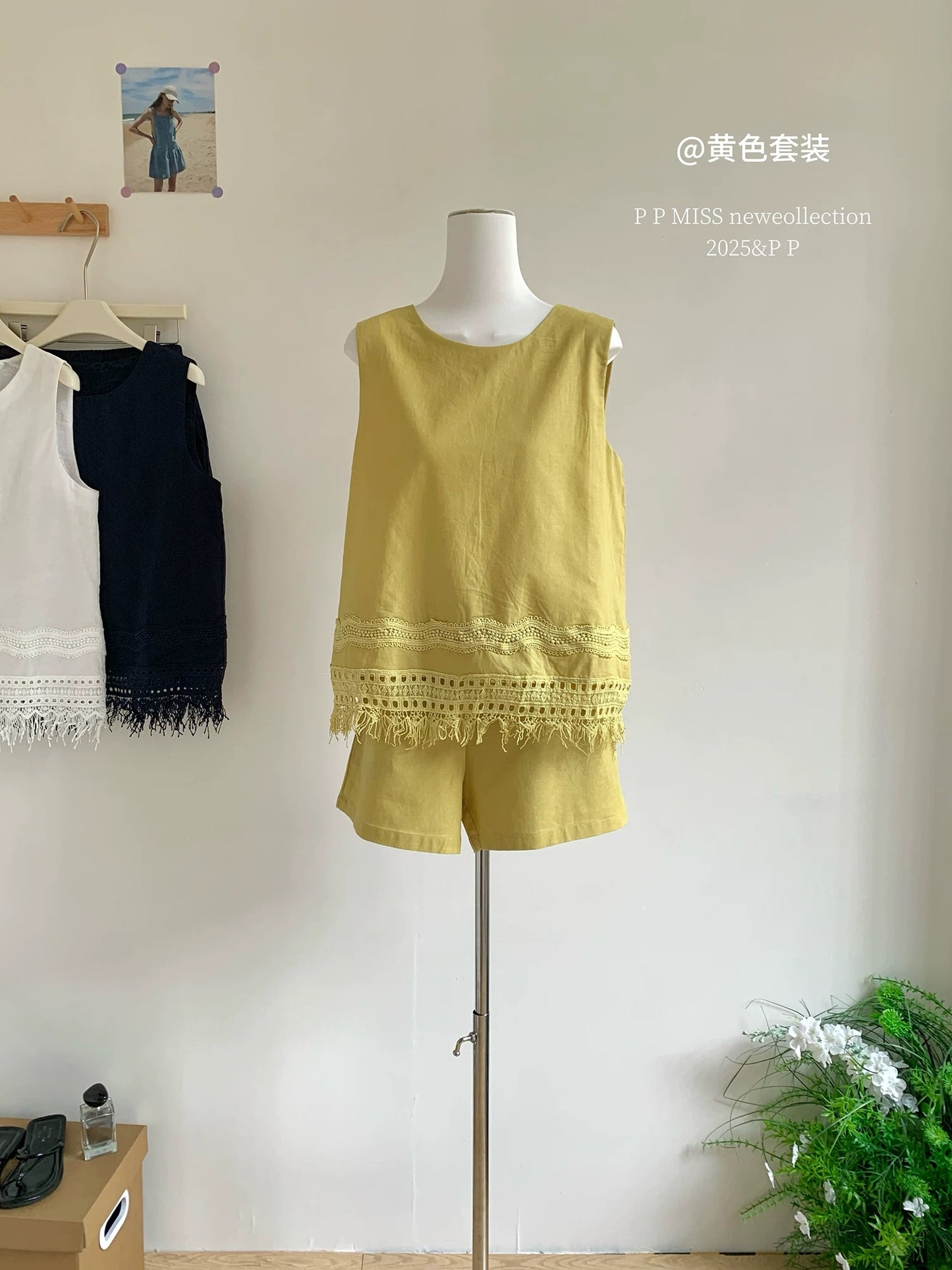 Korean style heavy embroidery lace tassel stitching lace sleeveless top high waist slim all-match shorts fashion suit
