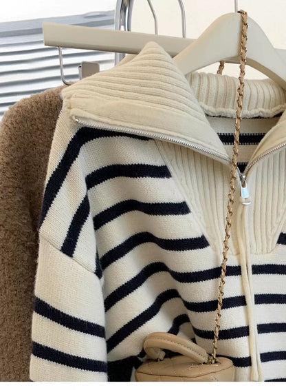 Striped raccoon velvet navy collar half zip knitted sweater women autumn and winter 2025 new lapel thickened top winter