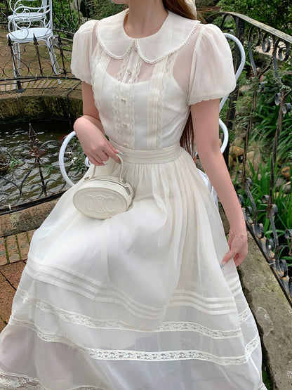Bingbing is here丨【Good Student】Simple and luxurious puff-sleeve dress A-line high-waisted long skirt