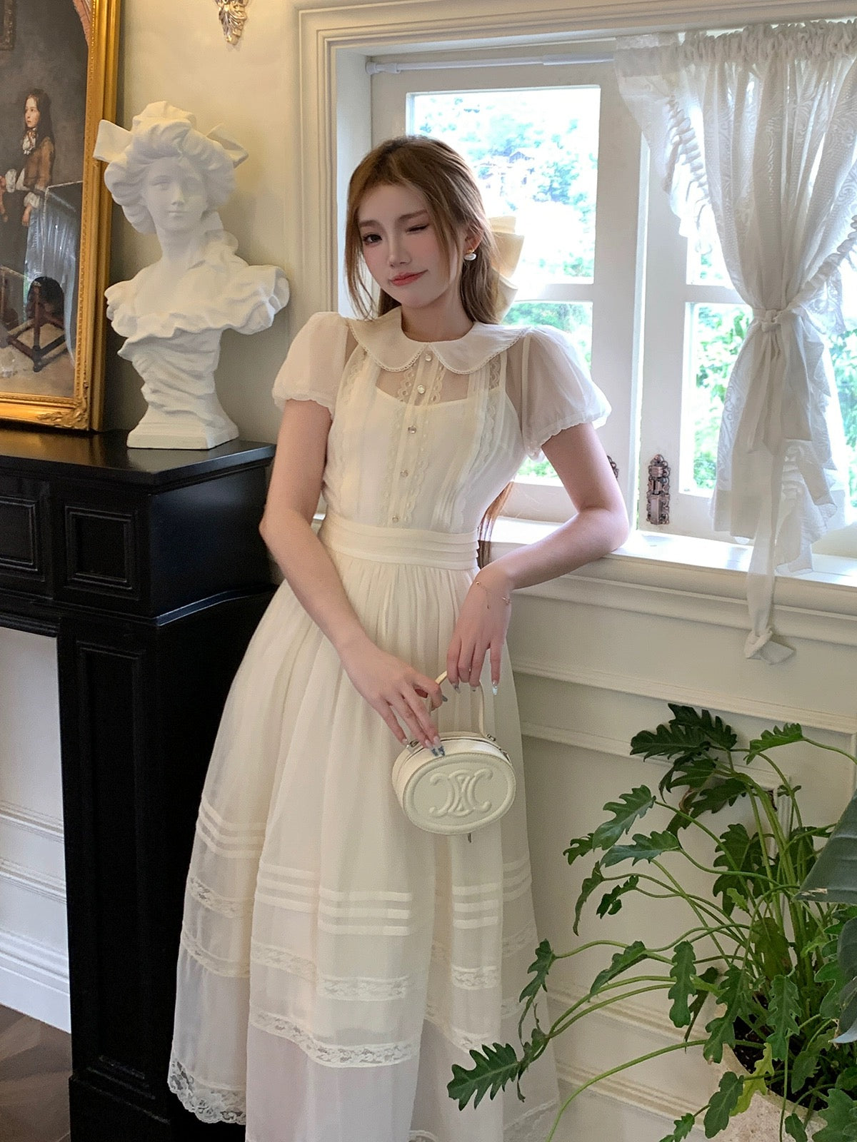 Bingbing is here丨【Good Student】Simple and luxurious puff-sleeve dress A-line high-waisted long skirt