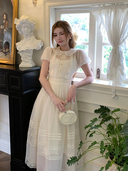Bingbing is here丨【Good Student】Simple and luxurious puff-sleeve dress A-line high-waisted long skirt