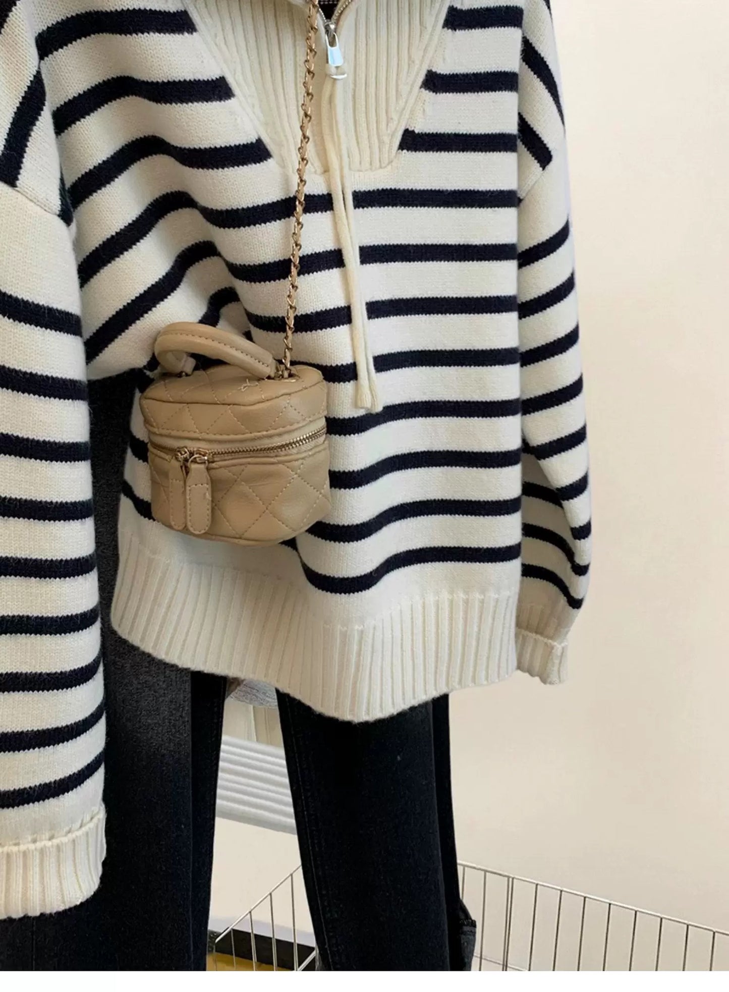 Striped raccoon velvet navy collar half zip knitted sweater women autumn and winter 2025 new lapel thickened top winter