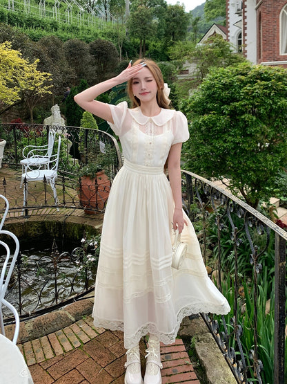 Bingbing is here丨【Good Student】Simple and luxurious puff-sleeve dress A-line high-waisted long skirt