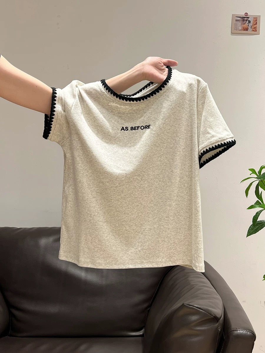 Xia Zhen Floral Gray Patchwork Letter Embroidery Straight Shoulder Round Neck Short Sleeve T-Shirt Women's Summer New Style Lazy Loose Top