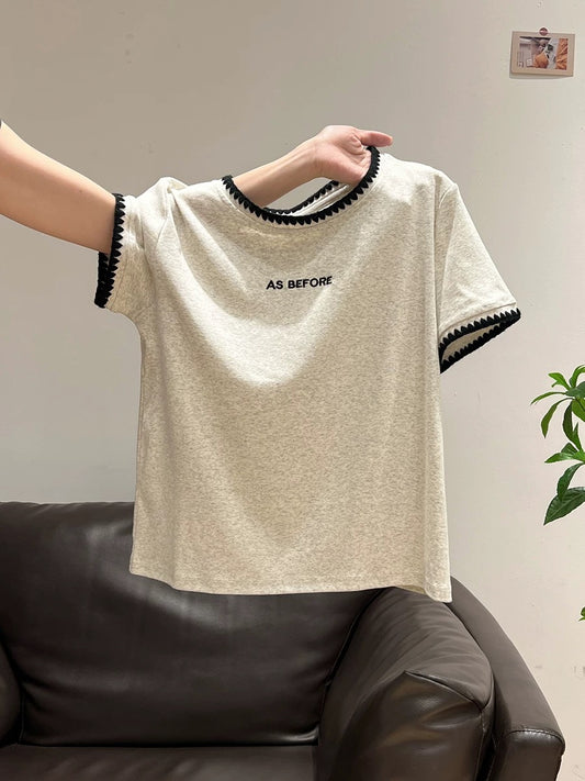 Xia Zhen Floral Gray Patchwork Letter Embroidery Straight Shoulder Round Neck Short Sleeve T-Shirt Women's Summer New Style Lazy Loose Top
