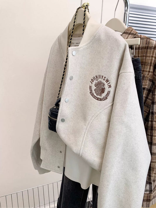 American style white embroidered baseball jacket women's spring and autumn autumn and winter 2025 new small size jacket cardigan top