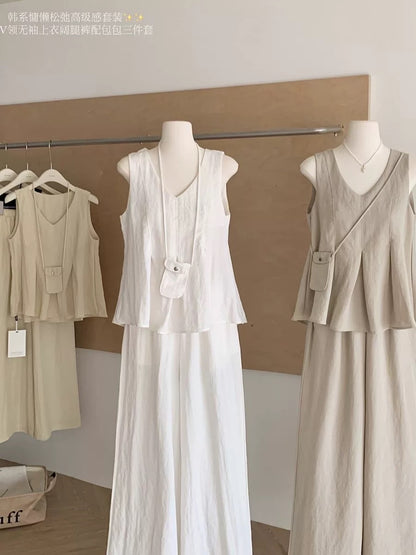 Fashionable tea break outfit, lazy and relaxed V-neck vest top, wide-leg trousers, Korean style fashion two-piece suit