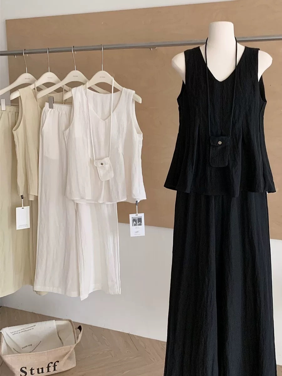 Fashionable tea break outfit, lazy and relaxed V-neck vest top, wide-leg trousers, Korean style fashion two-piece suit