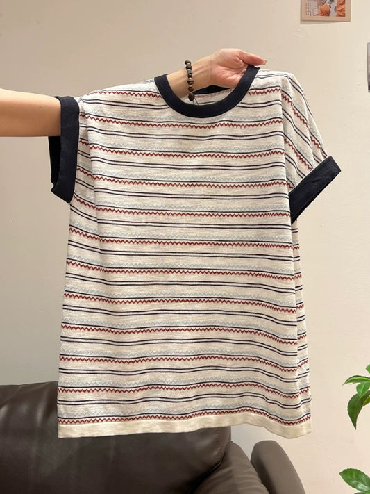 Xia Zhen American Retro Striped Color Block Short-Sleeve T-Shirt Women's Summer Round Neck Straight Shoulder Loose Fit Slimming Relaxed Top
