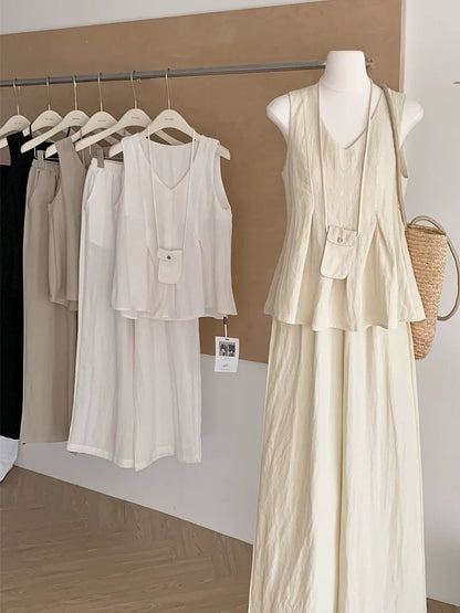 Fashionable tea break outfit, lazy and relaxed V-neck vest top, wide-leg trousers, Korean style fashion two-piece suit