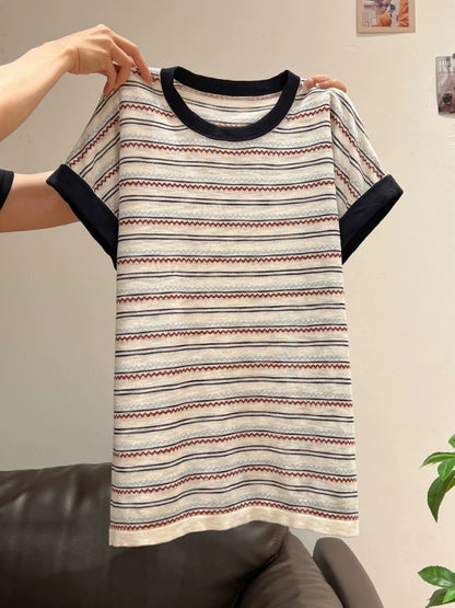 Xia Zhen American Retro Striped Color Block Short-Sleeve T-Shirt Women's Summer Round Neck Straight Shoulder Loose Fit Slimming Relaxed Top